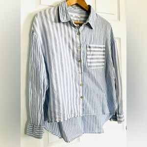 Nicole Miller 100% Linen Blue White Striped Button Down Shirt L Oversized